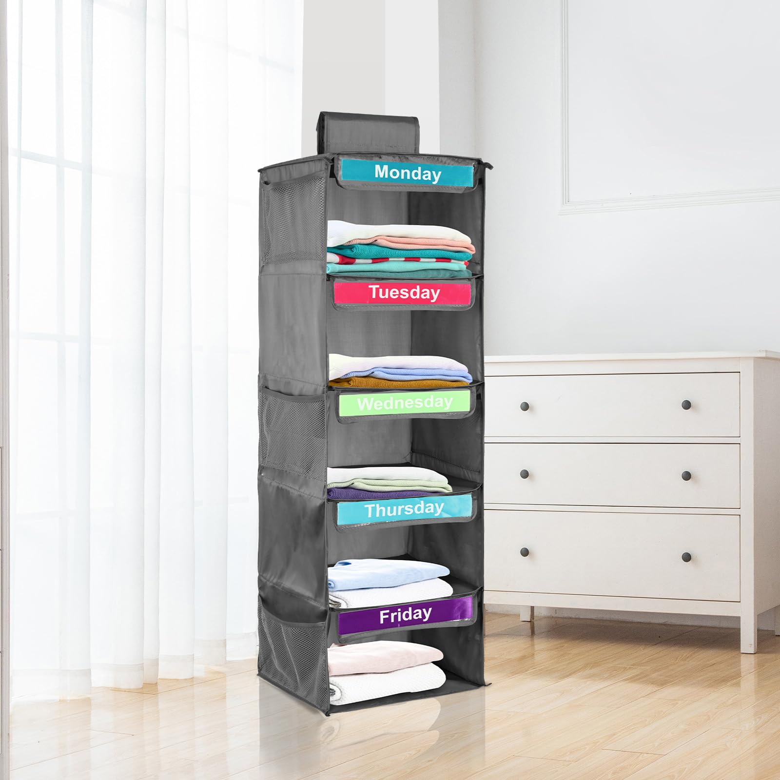 Gray Kids Weekly Clothes Organizer - Hanging Closet Organizer With Compartments for T-Shirts, Hats, Bags, Towels