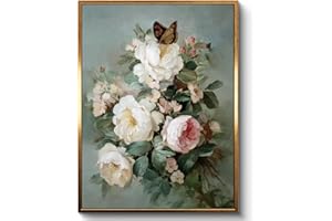 InSimSea Golden Framed Vintage Canvas Wall Art Moody Rustic Peonies Still Life Artwork Painting, Romantic Pink Roses Flower F