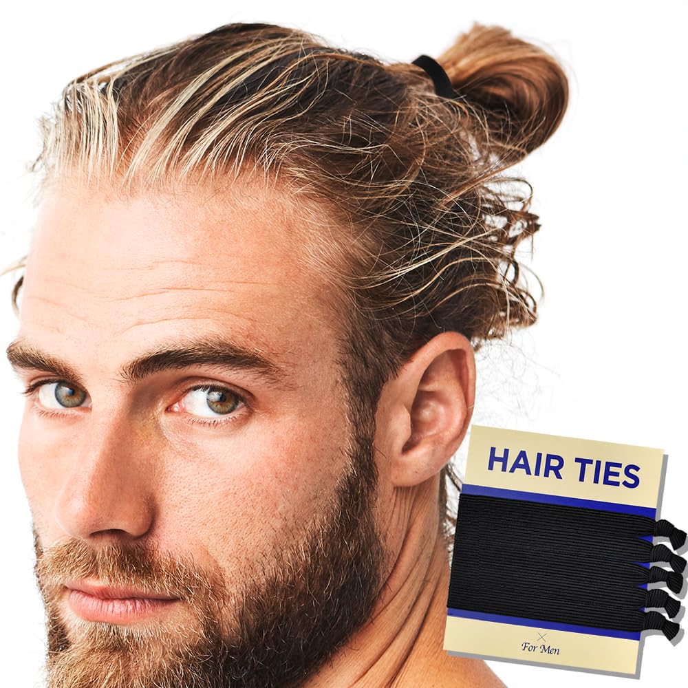 HAVHAF Knotted Mens Elastic Hairbands For Men - Man Bun Accessories No Damage Bobbles Headband Rubber Ponytail Elastics For Thick Hair Bands For Guys, Perfect Hair Ties For Men (Wide(5 pcs), Black)