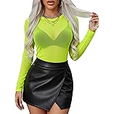 BemorRun Floral Mesh Top for Women Crew Neck Long Sleeve See Through Tee Shirts Fitted Sexy Going Out Tops