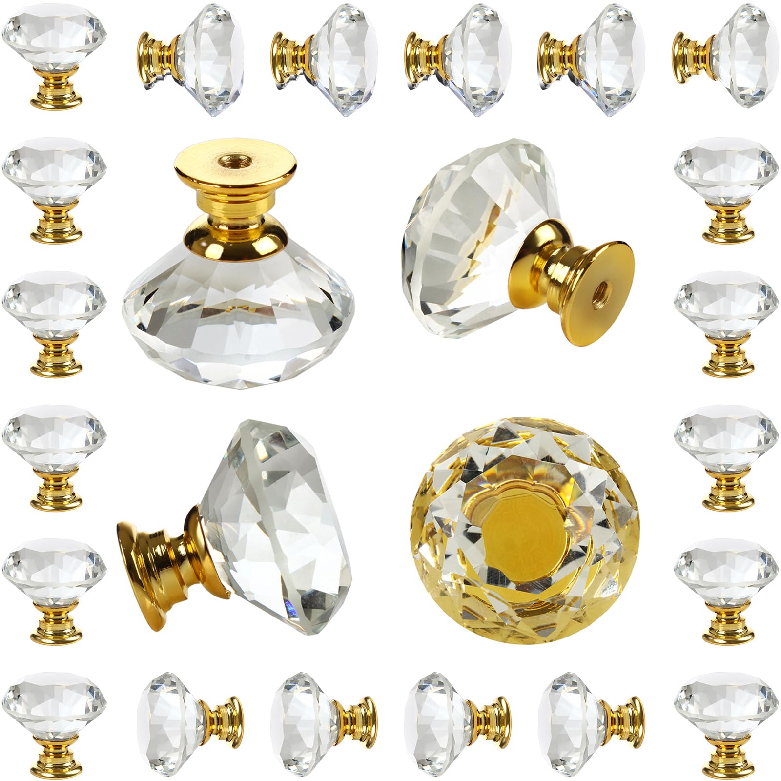 Photo 1 of DEELF 24 Packs Kitchen Cabinet Knobs, 40 mm Crystal Cabinet Knobs, Diamond Dresser Handle Drawer Pulls, Dresser Knobs for Cabinets and Drawers, Gold Base
