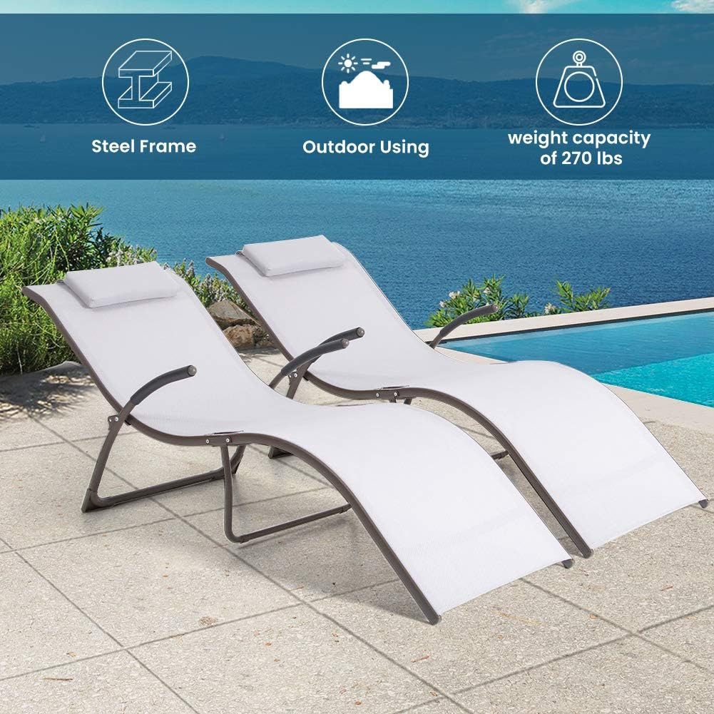 Crestlive Products Patio Chaise Aluminium Folding Lounge Chairs with Pads Outdoor Recliner All Weather Furniture in Brown Finish for Lawn, Beach, Deck, Poolside Sunbathing(2 PCS Light Gray): Garden & Outdoor