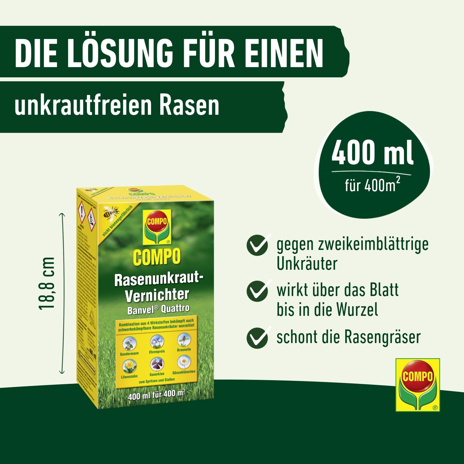 COMPO Rasenunkraut-Vernichter Banvel Quattro, Bekämpfung von schwerbekämpfbaren Unkräutern im Rasen, Konzentrat, 400 ml (400 m²) 3