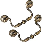 HOUSEHOOK Antique Brass Drop Bail Drawer Pulls 4 Pack, 4 Inch Hole Center, Vintage Cabinet Handles with Traditional Bead Cent