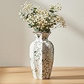 Green Floral Ceramic Vase, 8.86 Inch Vintage Botanical Octagon Flower Vase with Crackle Glaze & Distressed Rim, Retro Farmhouse Decorative Vase for Living Room, Mantel, Dining Table & Entryway Decor