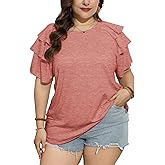 TAKEYAL Womens Plus Size Tops Ruffle Short Sleeve Crew Neck Solid T Shirts Casual Blouses Tunic Top 1XL-5XL