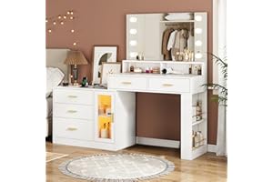 AOGLLATI Makeup Vanity Desk with Mirror and Lights & Charging Station, White Vanity Table with 3 Drawers LED Dresser, Makeup Desk with 3 Lighting Modes, 5 Drawers and Cabinet Storage