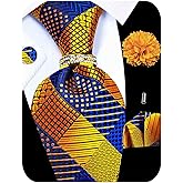 Kerfado 5PCS Tie and Pocket Square for Men, Silk Necktie and Handkerchief Cufflinks with Gold Ring and Lapel Pin Set