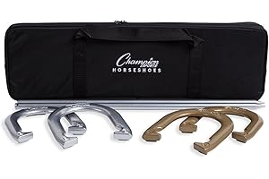 Champion Sports Horseshoe Set: Traditional Outdoor Lawn Game includes Four Professional Solid Steel Horseshoes with Solid Steel Stakes & Carrying Storage Case
