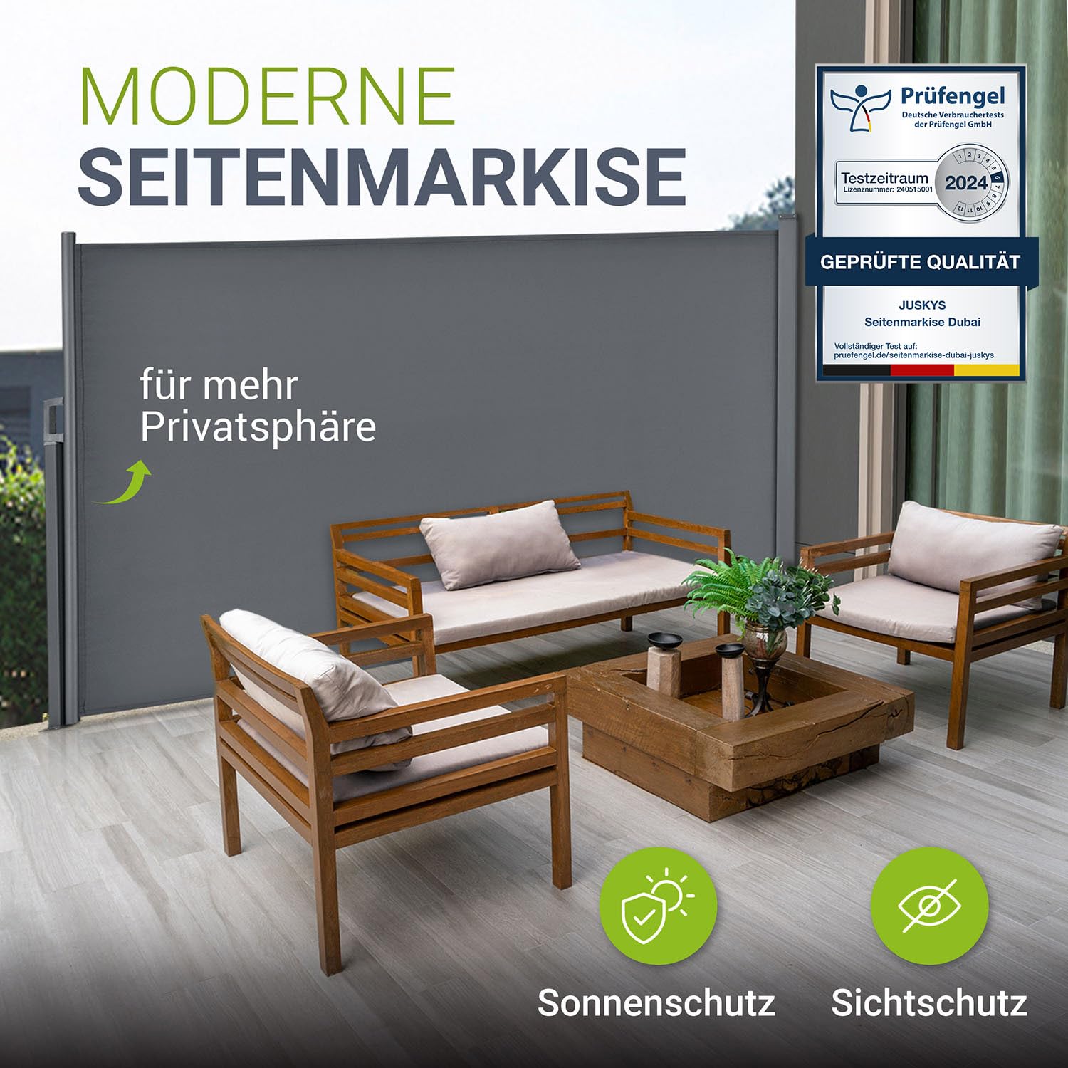 Juskys® Seitenmarkise Dubai 180 x 300 cm ausziehbar Blickdicht, Sichtschutz für Balkon & Terrasse, Seitenrollo mit Wandhalterung - grau 2