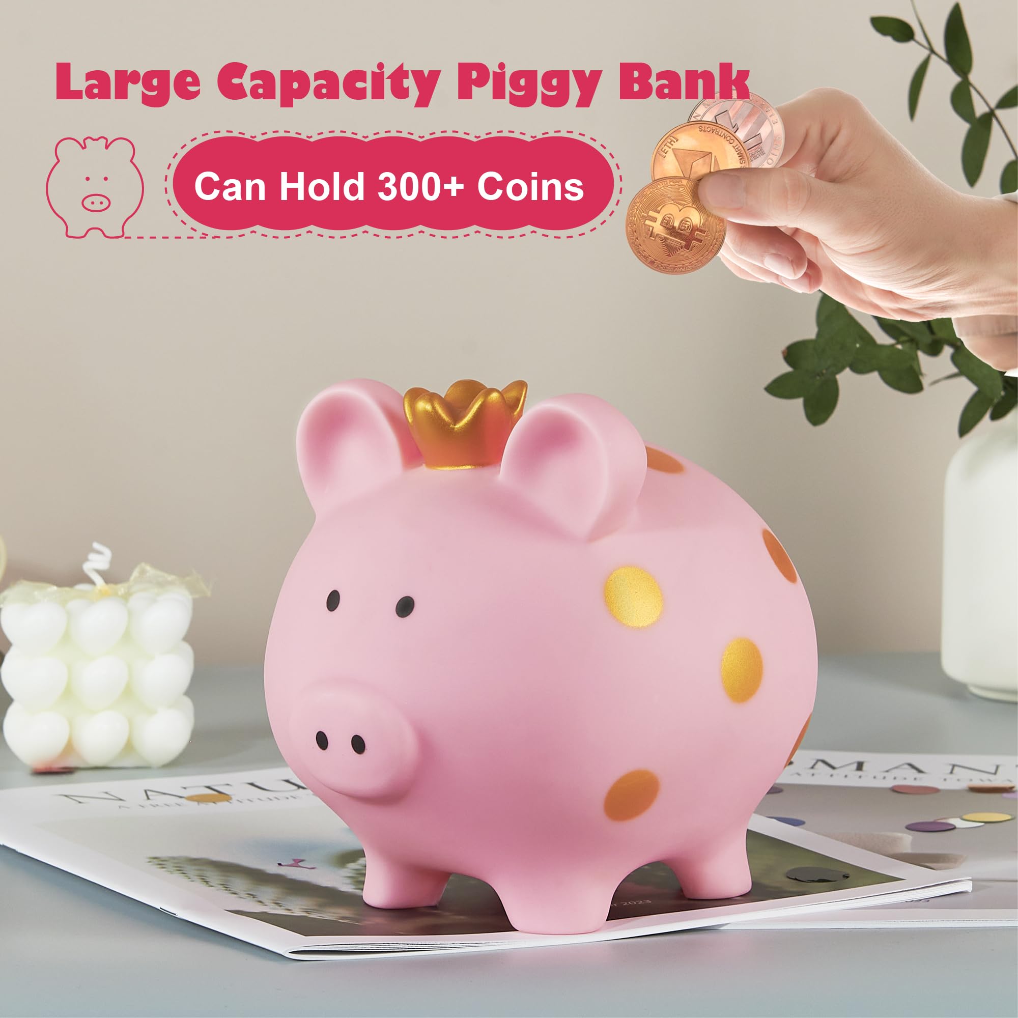Piggy Bank for Girls, Large Unbreakable Plastic Toddler Money Saving Bank with Crown, Pig Coin Bank for Boys, Personalized Decor Money Container Birthday for Kids (Pink)