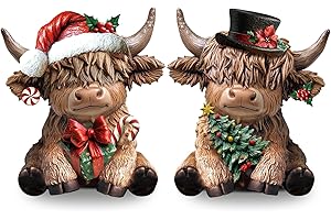 Karenhi 2 Pcs Highland Cow Figurines Christmas Poinsettia Candy Cane Tree Highland Cow Gnomes Scottish Resin Statue Calf Lovers Gifts for Xmas Home Garden Kitchen Office Tiered Tray Table Decor