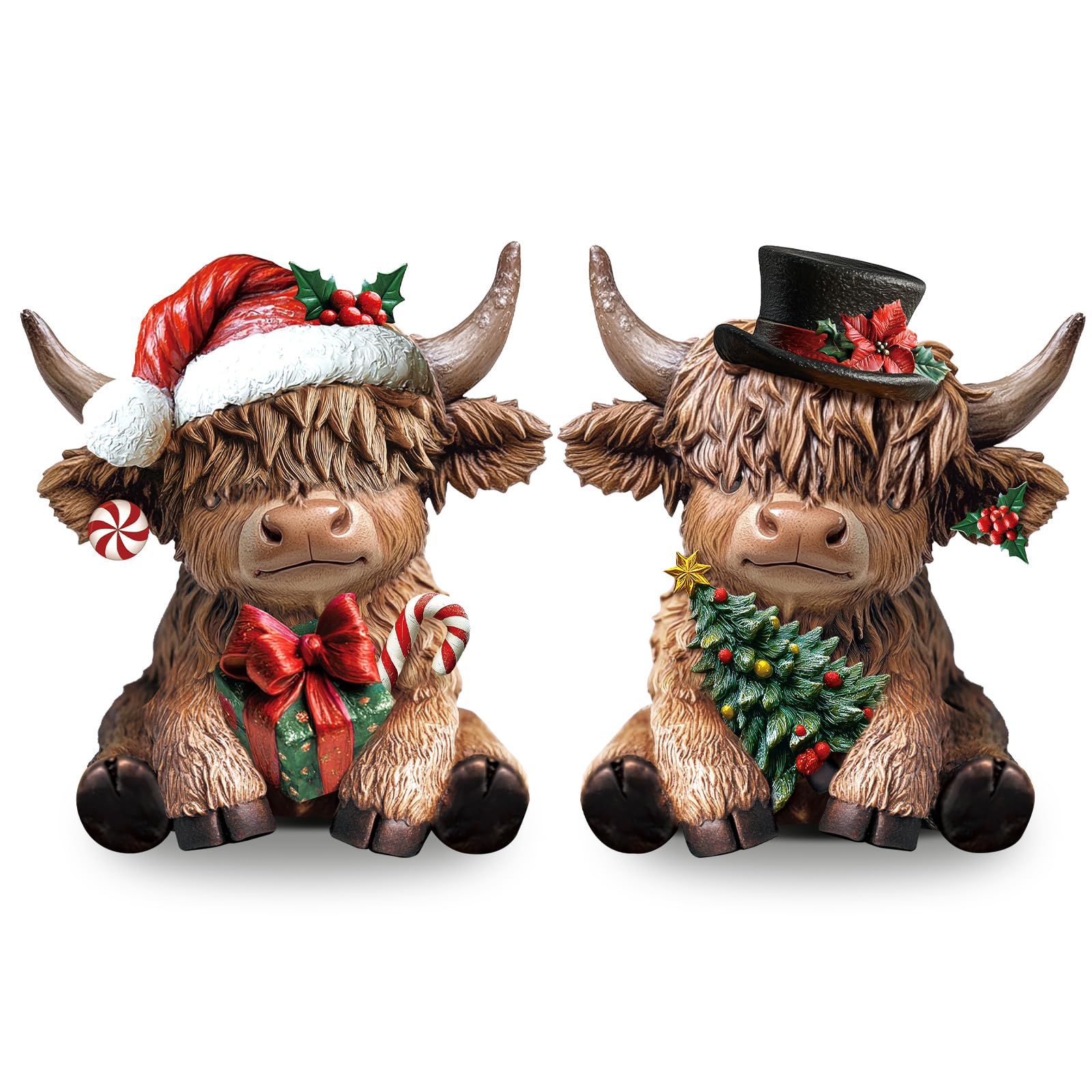 Karenhi 2 Pcs Christmas Highland Cow Decor, 2026 Funny White Elephant Gifts, Resin Highland Cow Figurines Gnomes Scottish Statue Calf with Xmas Tree for Home Garden Kitchen Office Table Decorations