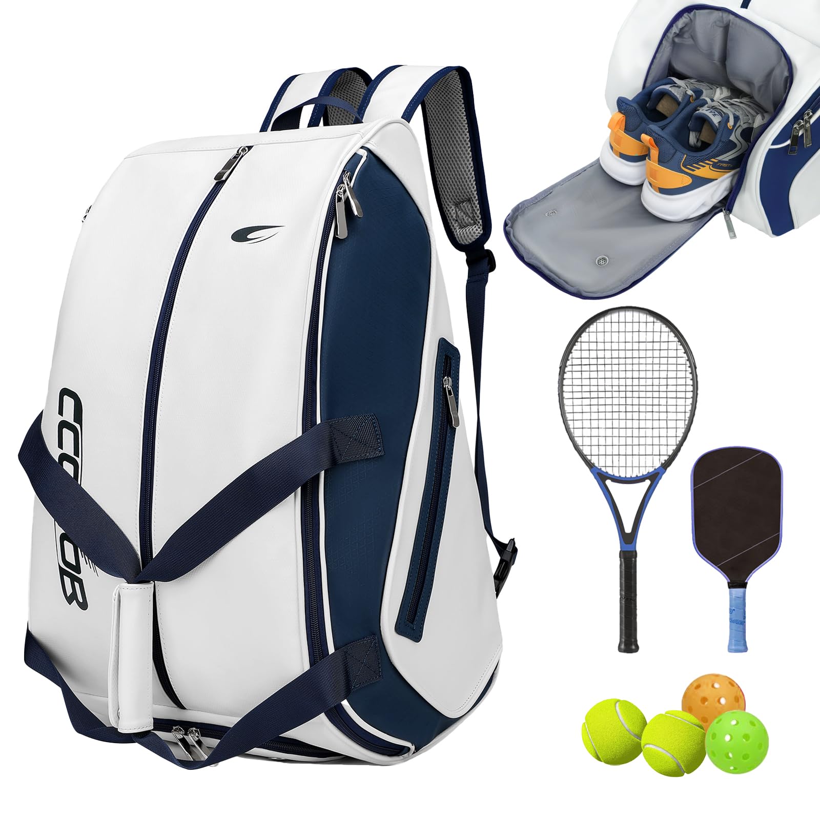 Photo 1 of CCGTIOR Tennis Bag Holds 2 Rackets with Shoe Compartment, Fence Hook & Ball Sleeve – Large PU Pickleball Paddles Backpack for Men & Women (Blue)