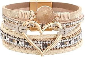 JZANHGAS Women's Multi-layer Love Heart Leather Wrap Bracelets Stackable Boho Bangles Bohemian Cuff with Magnetic Clasp Jewelry Gift Beads Western Bracelets