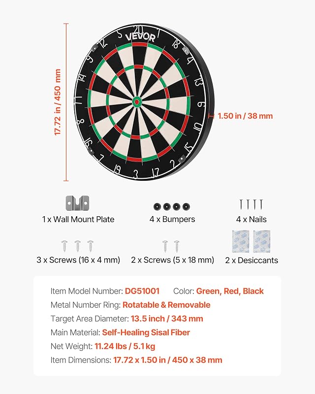 Dartscheibe 450 mm, Sisalfaser-Dartboard mit klammerfreiem Bullseye, Blade-Draht & drehbarem Zahlenring, für Party- & Spielzimmer zu Hause (Darts Nicht im Lieferumfang enthalten)
