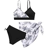 Teen Girls Swimsuit 3 Piece V-Neck Color Block Floral Print Bikini Set with Cover Up Skirt Swimwear Bathing Suits 9-16Y
