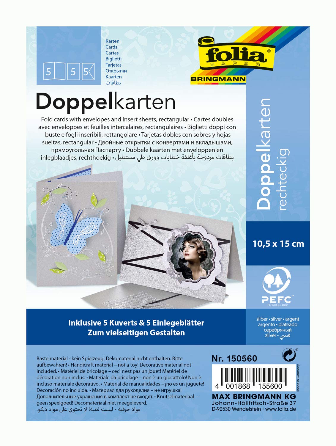 EFCO A6 Folded Card, Silver, 10.5 x 15 cm, 220 g/m, 5-Piece