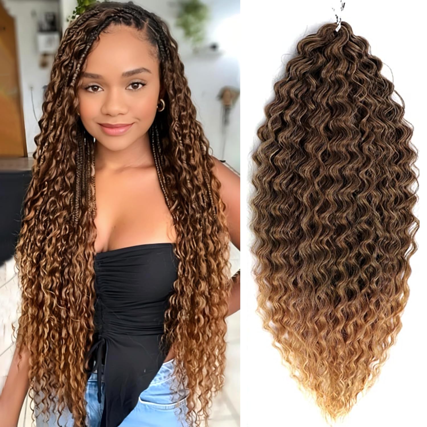 PORSMEER 3 Pack 22" Crochet Hair - Deep Wave, Curly, Ombre Brown Synthetic Ocean Wavy Hair Bundles for Women & Girls