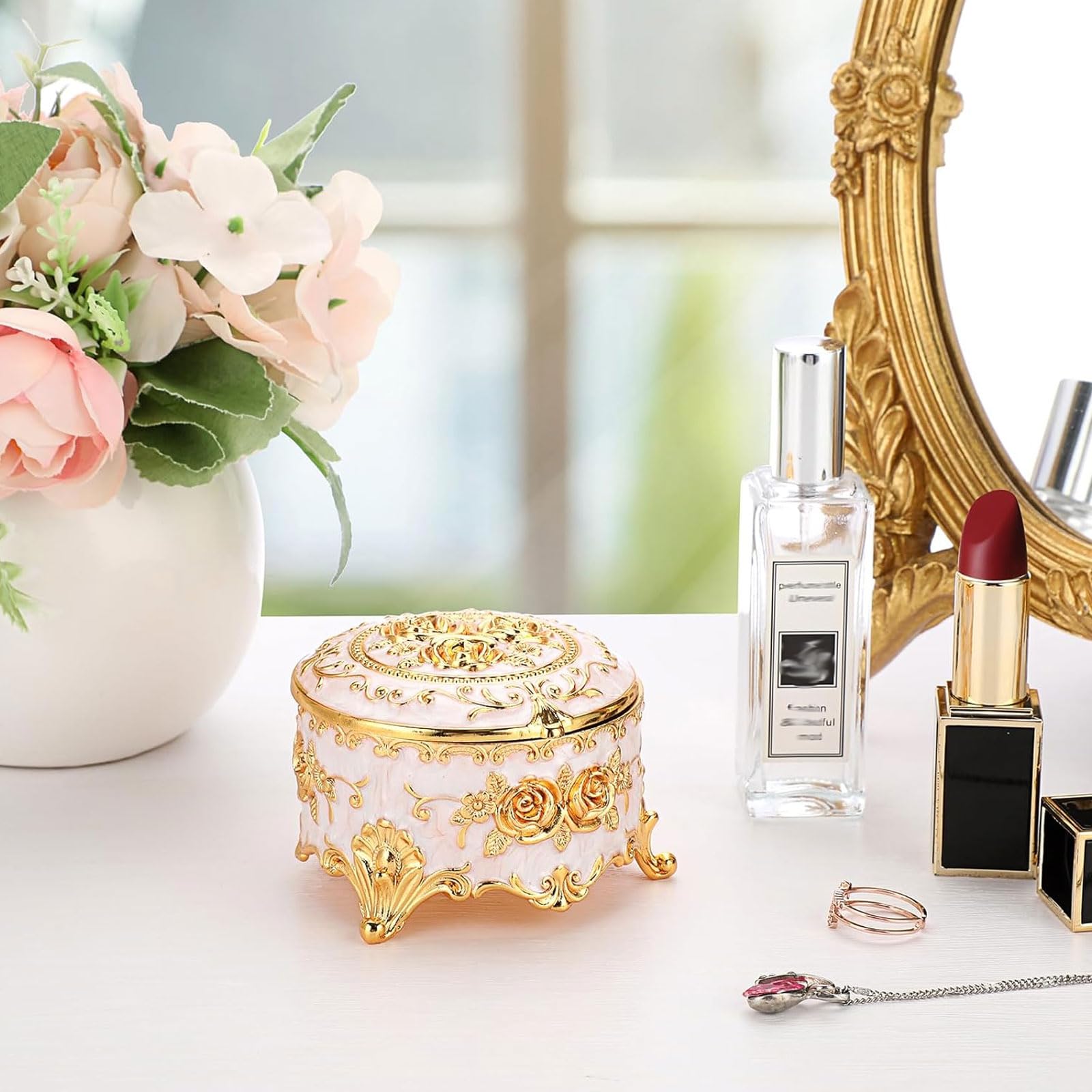 Hipiwe Vintage Round Jewelry Box Small Trinket Storage Organizer Box Gold Metal Chest Ring Case Treasure Box Keepsake Box Earrings Necklace Storage Box Gift for Women, Small