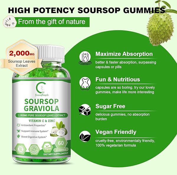 SOURSOP GRAVIOLA GUMMIES, SOURSOP LEAVES EXTRACT FOR ENERGY BOOST, DIGESTIVE & IMMUNE SUPPORT, ANTIOXIDANT PROPERTIES, PURE SOURSOP FRUIT GUMMIES, VEGAN, NON-GMO, 60 COUNTS