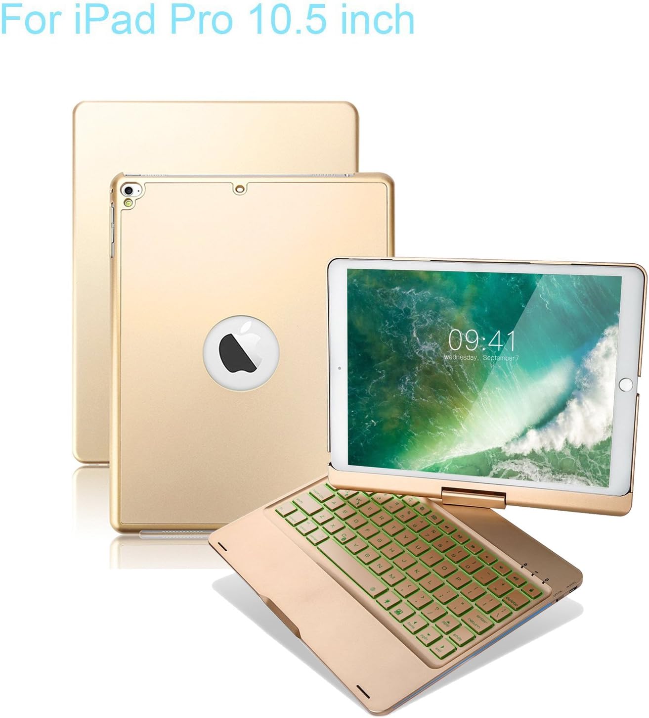 VANKY Fit iPad Pro 10.5 Keyboard Case,360 Rotatable 7 Backlit Colors Smart Wake/Sleep Wireless Keyboard Ultrathin, Aluminium Fit iPad Pro 10.5 Model A1701/A1709 (Gold)