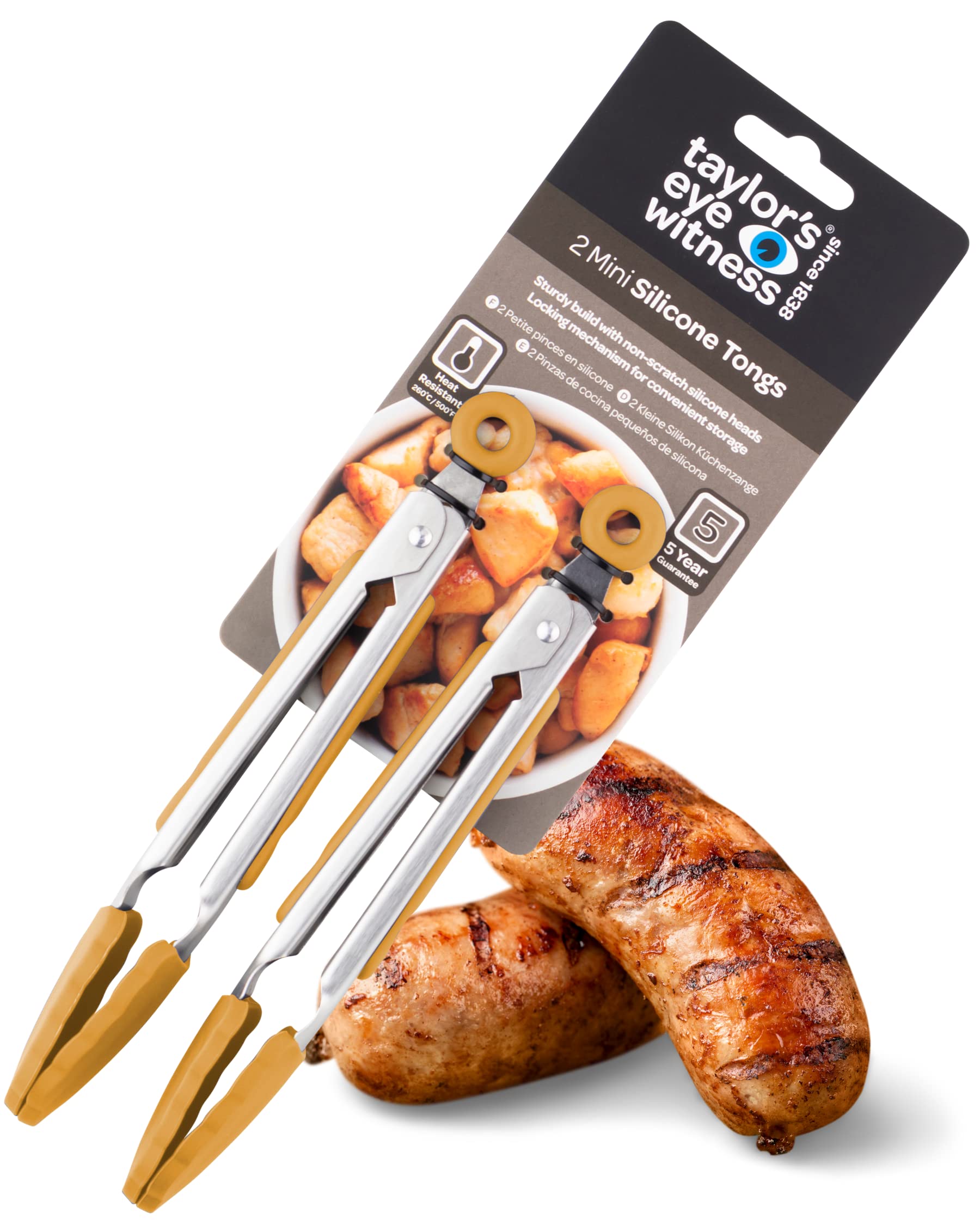 Taylors Eye Witness 2 Small Steel Yellow Silicone Tongs - Dishwasher Safe. Sturdy Build, Non-Scratch Heads, Convenient Locking Mechanism. Odour, Stain & Heat Resistant (260°C/500°F). 5 Year Guarantee