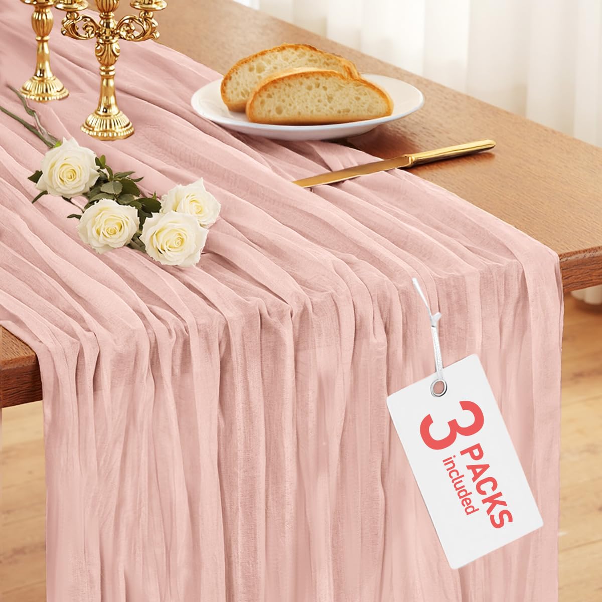Photo 1 of Pureegg 3-Pack Cheese Cloths Table Runner, 120'' Boho Table Cloth Decorations for Party, Baby Shower, Wedding and Farmhouse, Fabric Room Decor, Dusty Pink