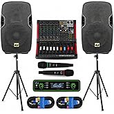 PA System with Wireless Microphone UHF,10" PA Speaker, 2000W Audio Mixer | Speaker with microphone for events, powered mixer amplifier &amp; speaker stands pair for school, Business, DJ, Church