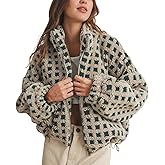 Keeliya Womens Checkered Sherpa Jacket Cropped Long Sleeve Plaid Fleece Coats Casual Zip Up Gingham Outwear with Pockets