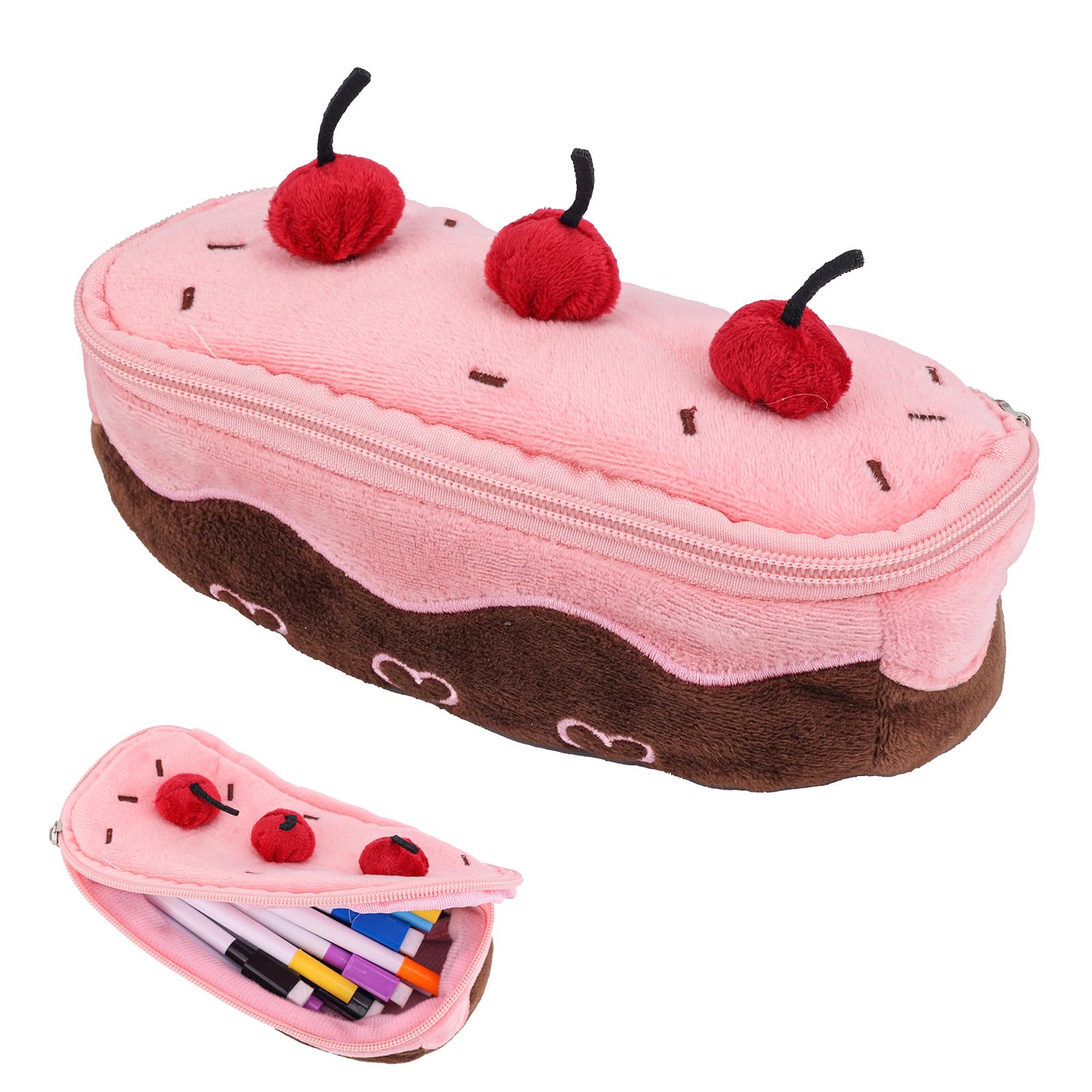 Gosknor Cute Pink Cherry Cake Pencil Case, 8.54x4.57 Inch Pencil Pouch Box Big Capacity Plush Pencil Bag Fuzzy Cherry Pencil Case Pen Organizer Bag Aesthetic Pen Holder Case for Girls Women Gift