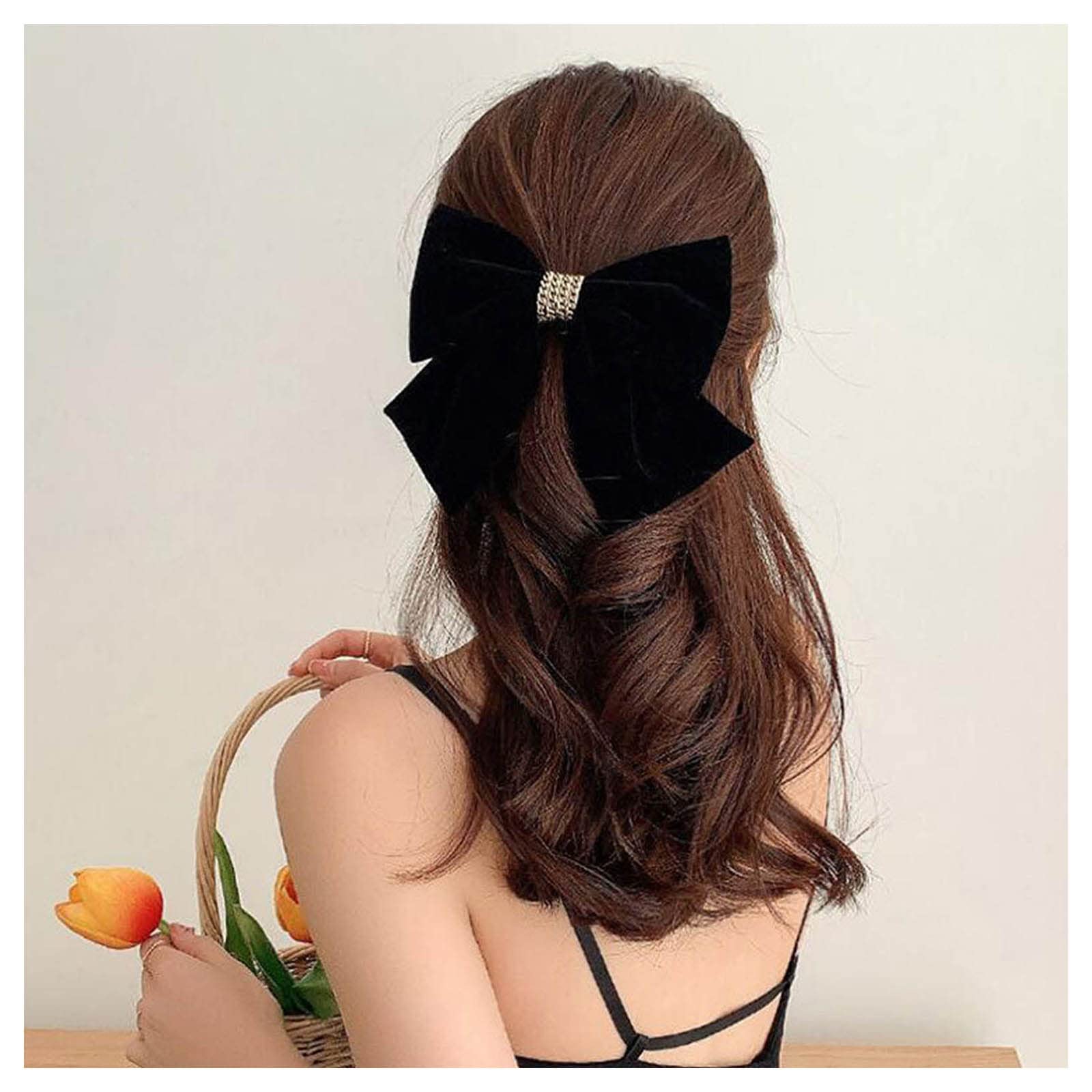 Inateannal Vintage Black Velvet Bow Hair Clips Satin Large Velvet Bow Barrettes French Winter Ribbon Headclip Hair Accessories for Women