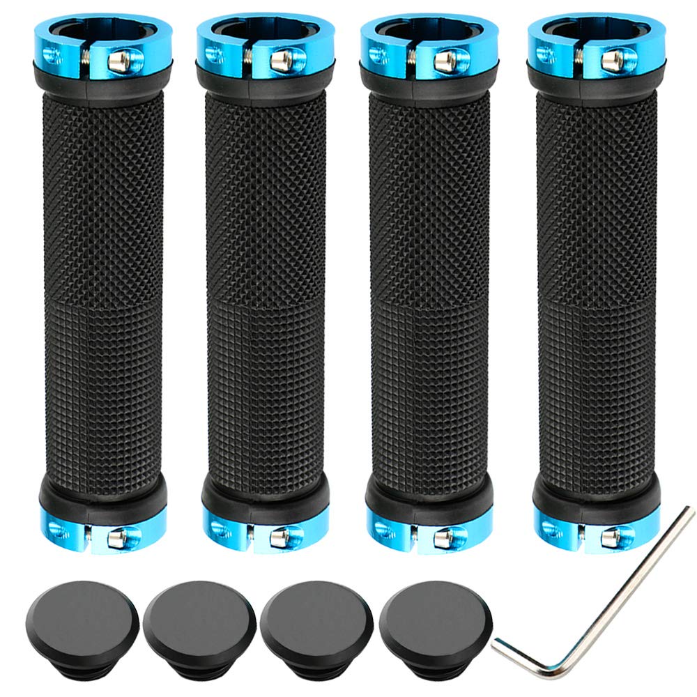 QitinDasen 2 Pairs Bike Handlebar Grips, Non-Slip Rubber Bicycle Handle Grips with Aluminum Double Lock, Bike Handle Protector for MTB BMX (Blue)
