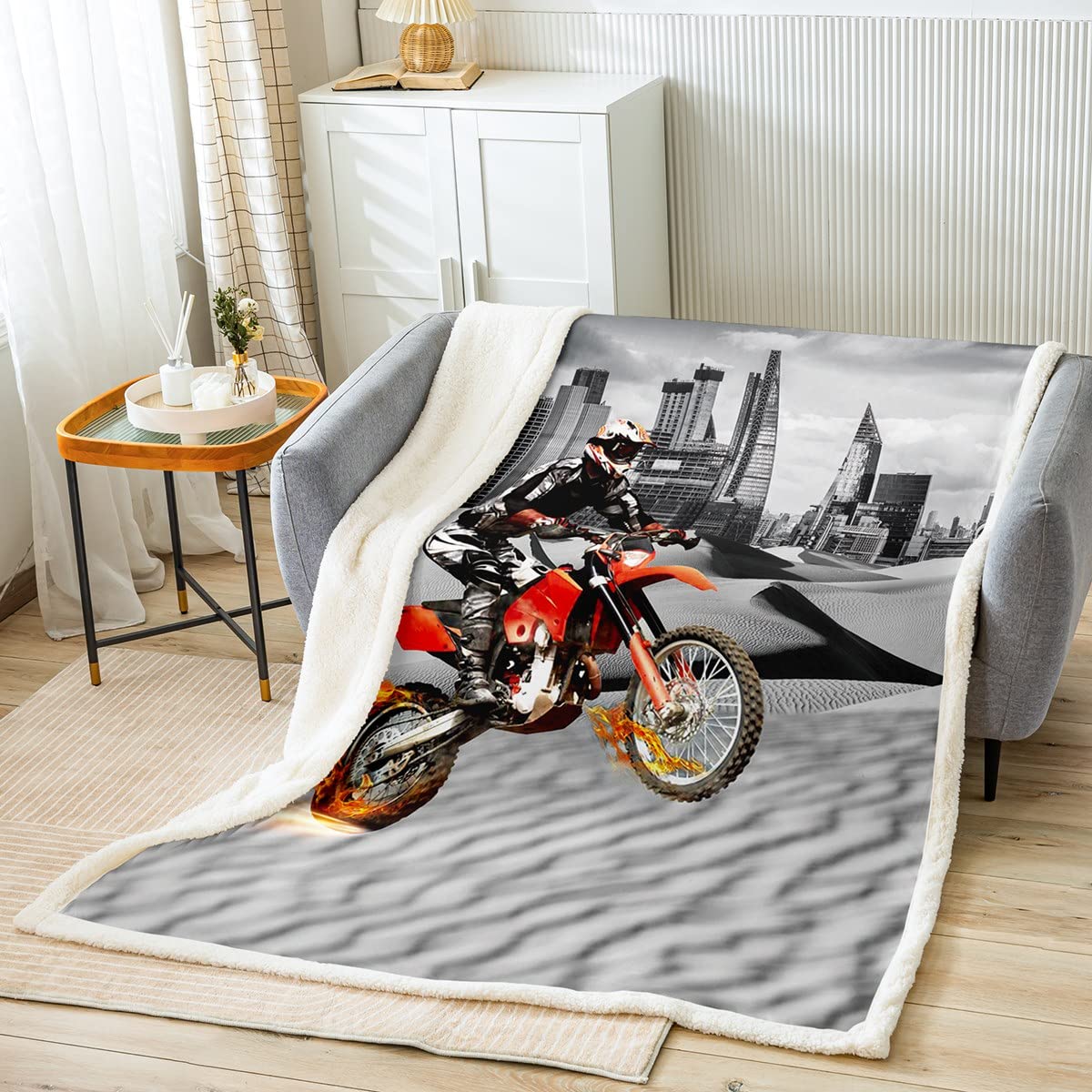 Motocross Rider Fleece Throw Blanket - Extreme Sports Sherpa for Bed, Sofa, Couch - Cool Modern Motorcycle Plush for Men - Gray City Building Dirt Bike Fuzzy Room Decor - Double 60"x79"
