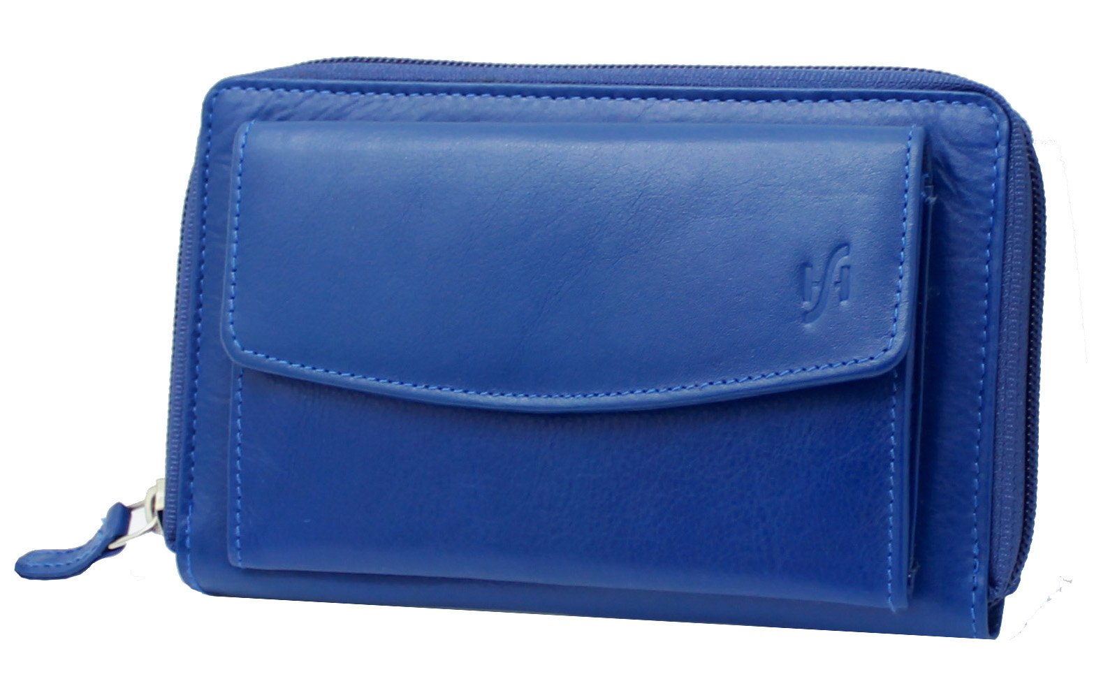STARHIDE Women RFID Blocking Real Leather Full Zip Around Purse 5520 (Blue)