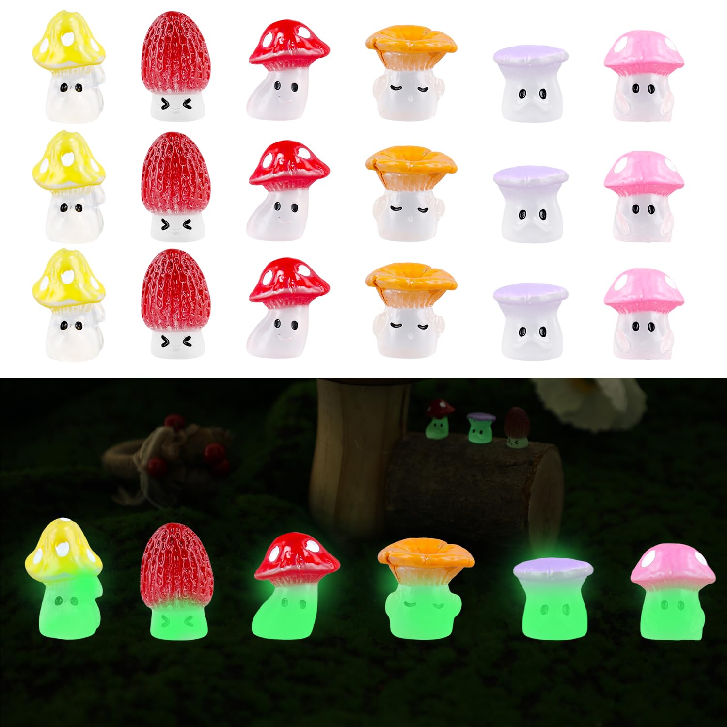 XIHIRCD 30pcs Luminous Mini Mushrooms, Cute Tiny Resin Mushrooms Figurines Miniature Mushroom Statue Decor Small Glow Mushroom Decorations for Micro Landscape Patio Garden Craft Home Decoration