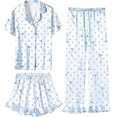Umeyda Girls 3 Pieces Pajamas Sets Silk Satin Ruffle Sleepwear Short Sleeve Button-Down 3Pjs Nightwear, 5-14 Years