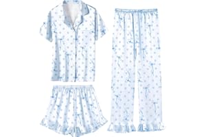 Umeyda Girls 3 Pieces Pajamas Sets Silk Satin Ruffle Sleepwear Short Sleeve Button-Down 3Pjs Nightwear, 5-14 Years