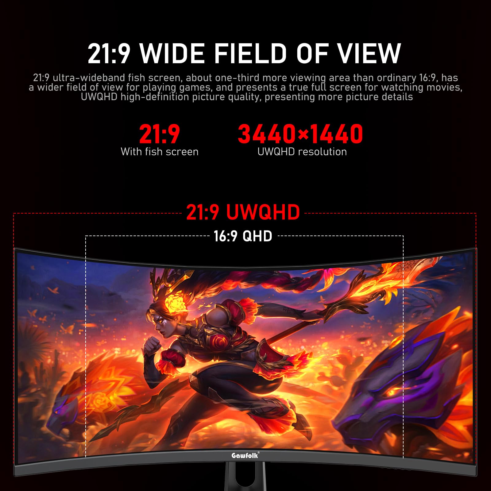 Gawfolk 34-Inch Ultrawide Gaming Monitor Displaying Vibrant Gaming Content With Rgb Lighting