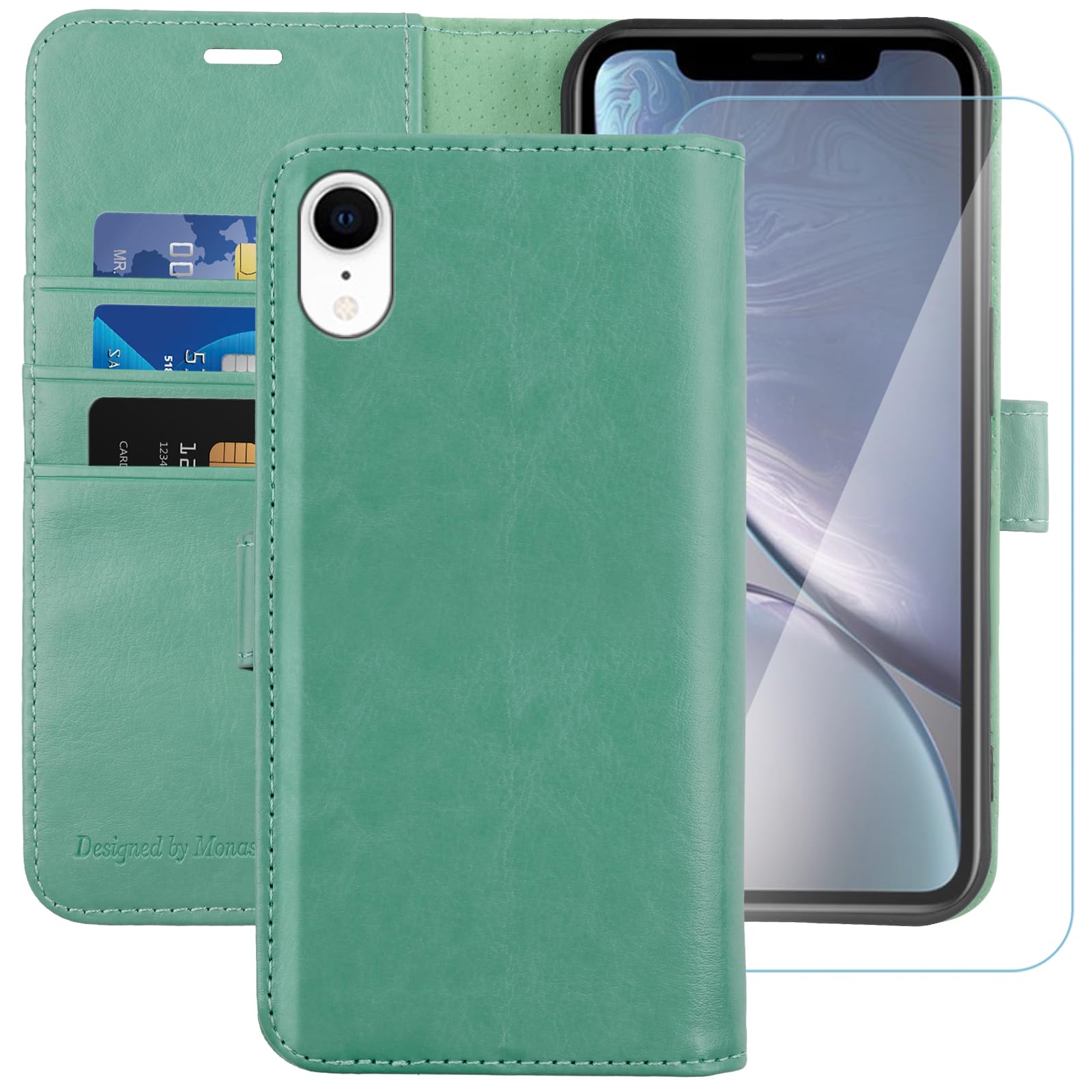 iPhone XR Wallet Case,6.1-inch,MONASAY [Glass Screen Protector Included] Flip Folio Leather Cell Phone Cover with Credit Card Holder for Apple iPhone XR,Mint — image 1