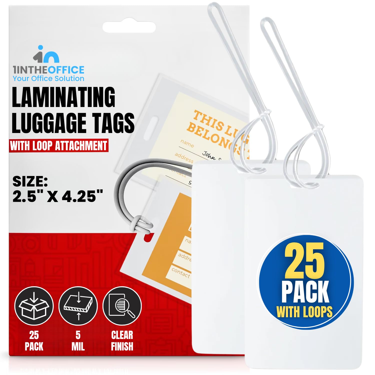 Photo 1 of 1InTheOffice Laminating Luggage Tags with Loops, Laminating Pouches 5 Mil, Luggage Tag Pouches, 2 1/2" x 4 1/4", 25 Pack
