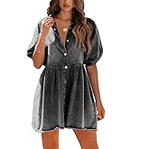 Pepochic Womens Summer Denim Dress Button Down Short Sleeve Babydoll Dress Puff Sleeve Flowy Jean Dress