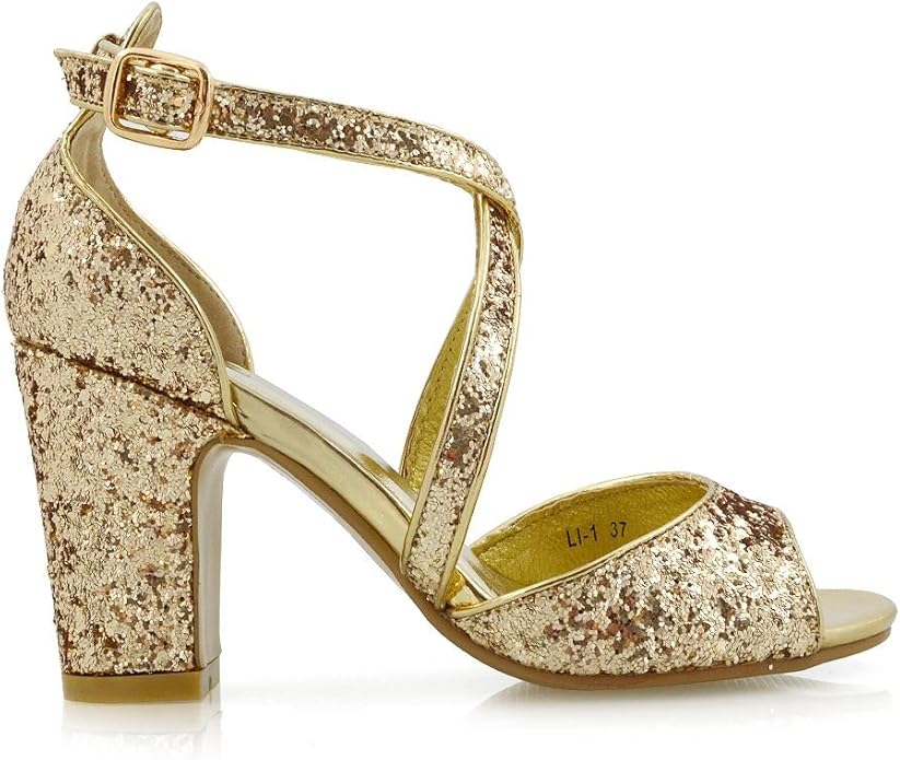 Amazon.com | Essex Glam Womenâs Sparkly Strappy Low Block Heel Gold Glitter Party Sandals 7 B(M 