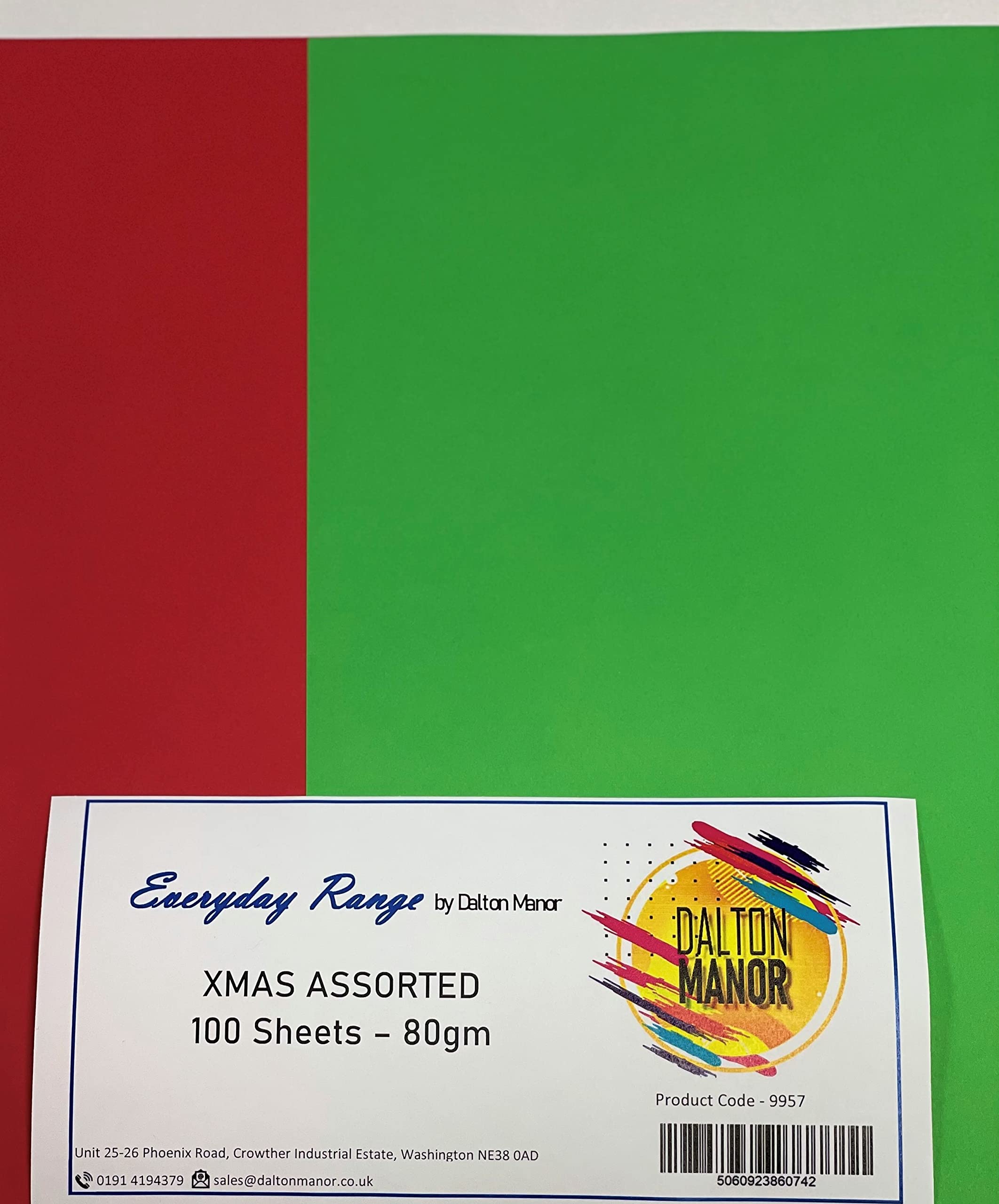 DALTON MANOR A4 COLOURED PAPER - 80GSM XMAS RED and GREEN ASSORTED PACK - 100 SHEETS