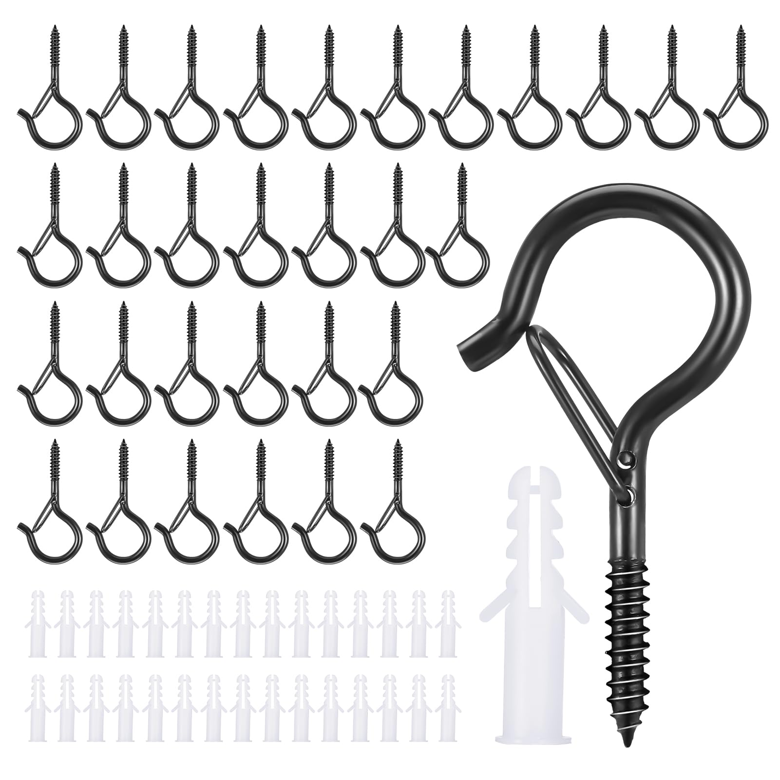 Invalidism 30pack Q-Hanger Hooks with Safety Buckle Heavy Duty Ceiling Screw Hooks for Outdoor String Lights Fairy Lights and Cable Clips