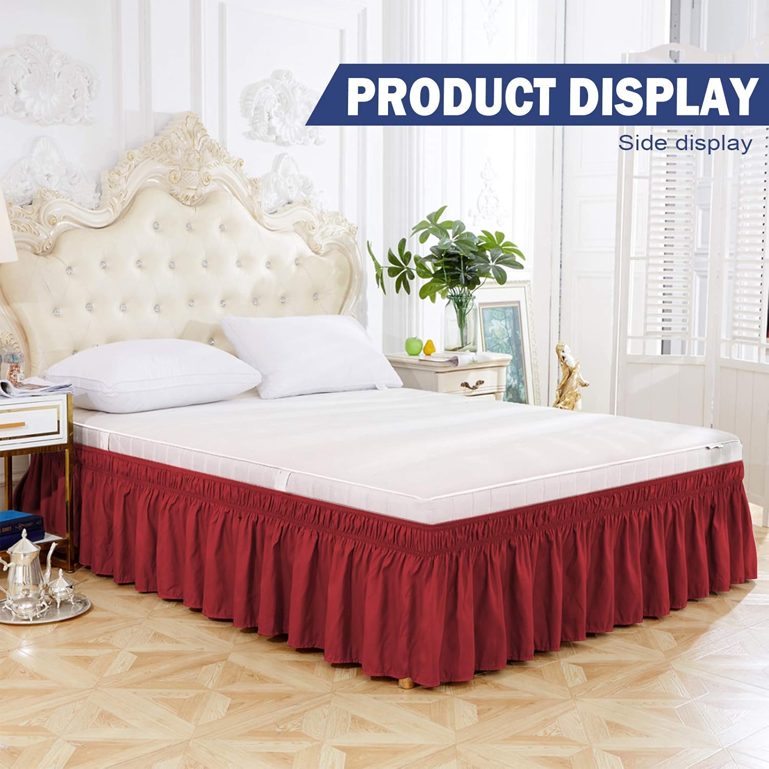 BIGTONE Bed Skirt Wrap Around Elastic Dust Ruffles Solid Color Wrinkle and Fade Resistant with Adjustable Elastic Belt 15 Inch Drop,Queen Size Bed,Burgundy: Kitchen & Dining