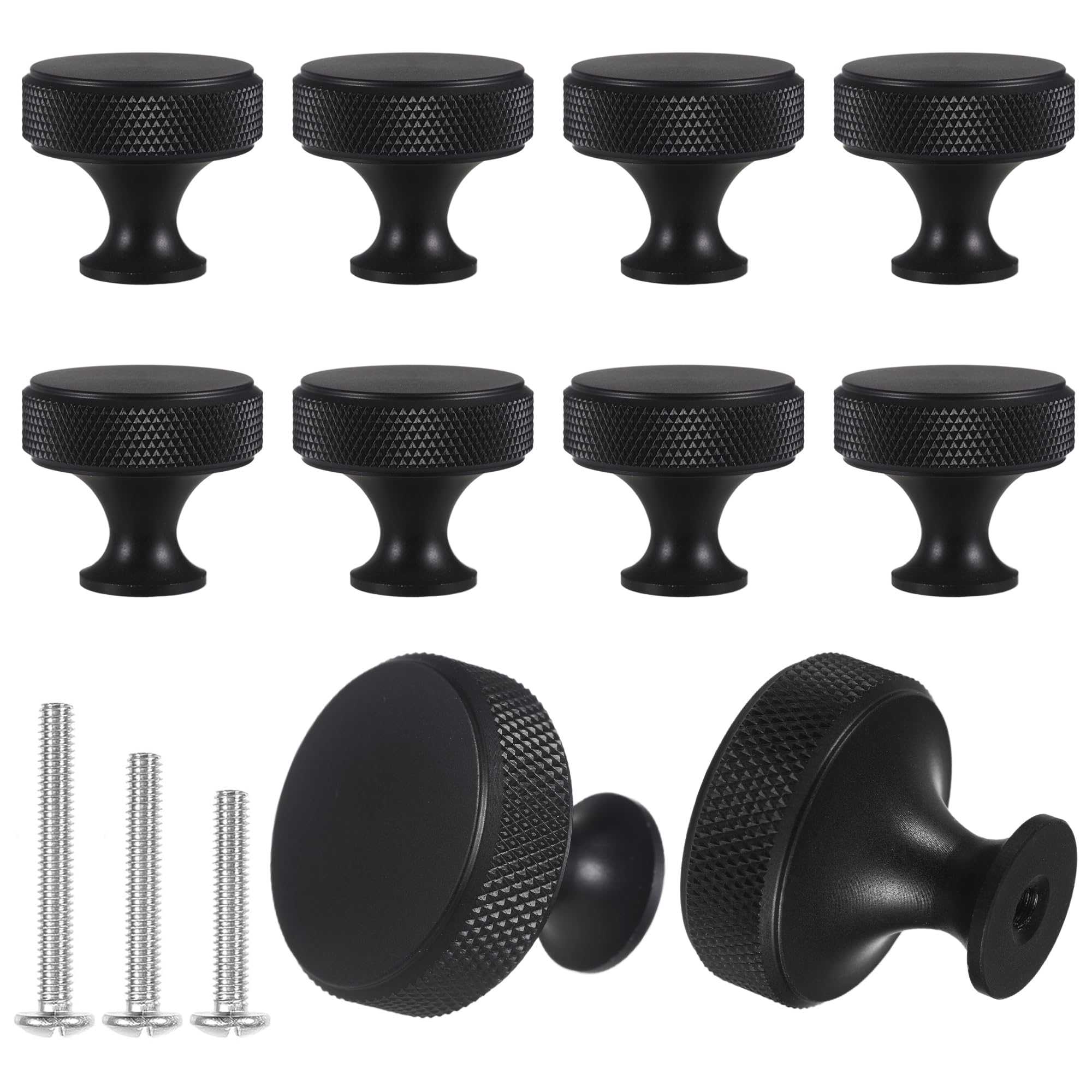 10 Pack Black Cabinet Knobs Drawer Cupboard Kitchen Knobs Round Solid Knurled Cupboard Handles with 30 Screws for Cabinet Furniture Dresser Wardrobe Pulls (Black)