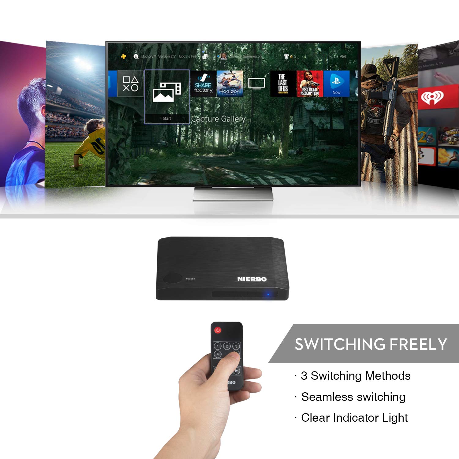 NIERBO HDMI Umschalter mit Fernbedienung 5 in 1 Out HDMI 2.0 Switch 5x1 4K@60Hz HDMI Full HD 1080P HDCP 3D Switcher Unterstützung für HDTV PS3 PS4 Blu-ray DVD Projektor Fire Stick und Andere Geräte