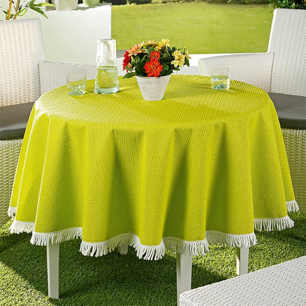EMHELLE Garden Tablecloth Garden Balcony Patio Tablecloth Camping Picnic Round Oval Square Outdoor and Indoor Non-Slip Surface with White Fringes (160 cm Round, Apple Green)