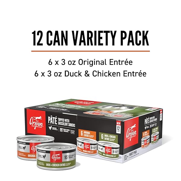 ORIJEN PREMIUM PATE WET CAT FOOD VARIETY PACK: ORIGINAL + DUCK & CHICKEN RECIPES 3OZ CANS (12 COUNT, 6 OF EACH)